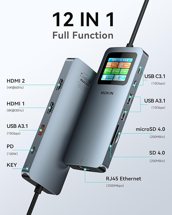 MOKiN LCD USB C Docking Station Dual Monitor 12 in 1 Laptop Docking Station Dual HDMI with 8K@30Hz PD 100W 2500Mbps 5 * 10Gbps USBA/C 3.1 SD/microSD Card Reader USB C Adapter for HP/Dell/Lenovo