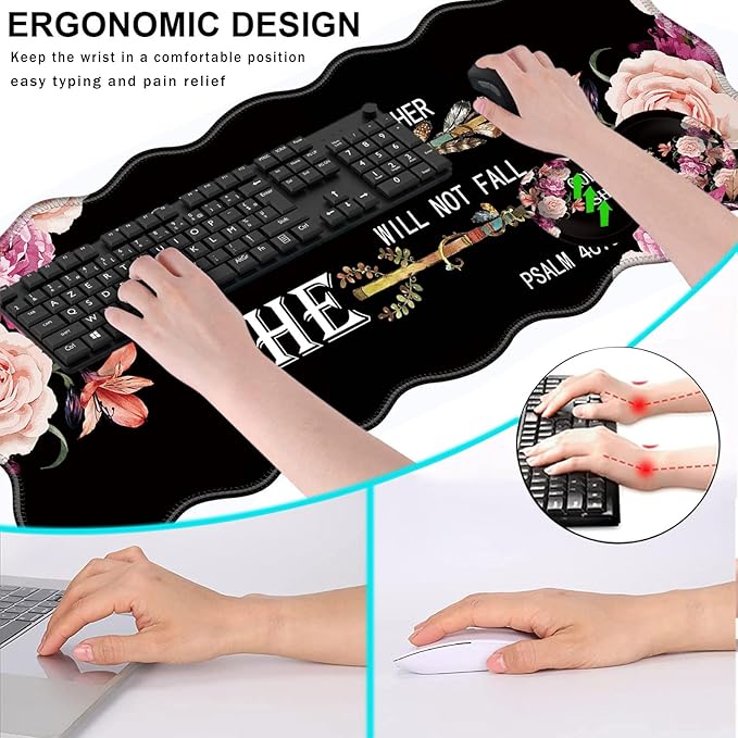 Mouse Pad with Wrist Support + Desk Mat + Coaster 3 in 1 Set XL Large Gaming Mousepad Ergonomic Mouse Pads for Desk Computer Laptop OfficeFlower Bible Verse Psalm 46-5