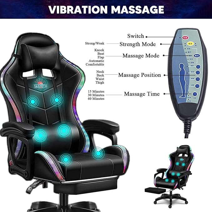 Gaming Chair with Speakers and Footrest Full Massage Computer Chair with RGB Lights Ergonomic Video Game Chair with Lumbar Support PU Leather High Back Gamer Chair for Office and GamingWhite