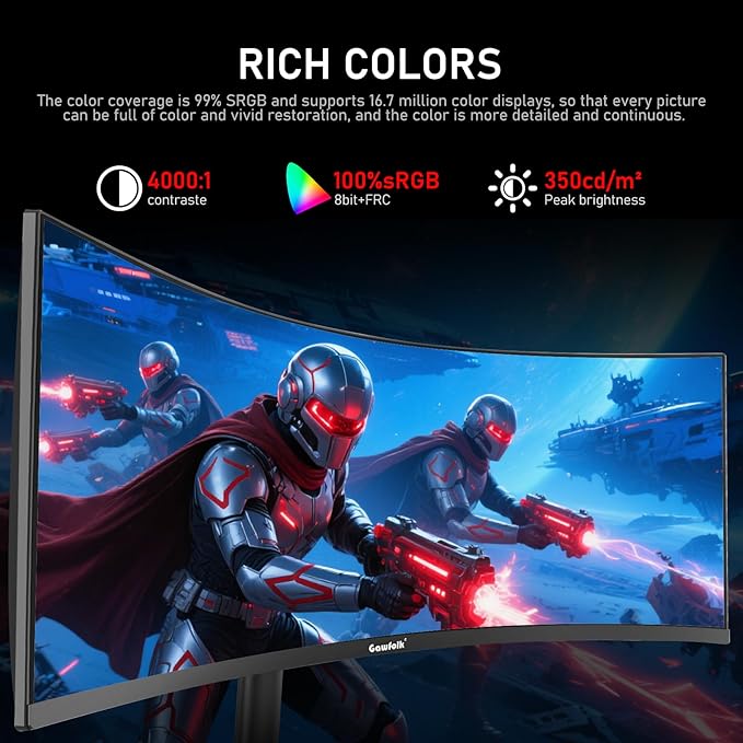 Gawfolk 34 Inch Ultrawide Curved 180Hz Gaming Computer Monitor 1000R PC screen 21:9 UWQHD (3440x1440) 1ms100%sRGBAdaptive SyncHDMI、Display PortLiftable StandWall Mount Compatible 75*75mm-Black