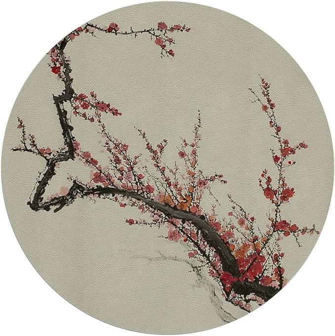 Burgundy Black PU Leather Chair Mat for Hardwood Floor &amp Tile Floor Nature Cherry Branches Flowers Anti-Slip Low Pile Under Desk Rug Large Floor Protector Apartment Decor Diameter 39.4 in