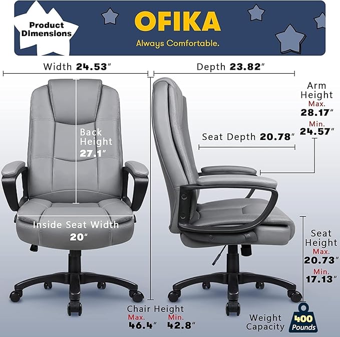 OFIKA Home Office Chair 400LBS Big and Tall Chair Heavy Duty Design Ergonomic High Back Cushion Lumbar Back Support Computer Desk Chair Adjustable Executive Leather Chair with Armrest (Grey)