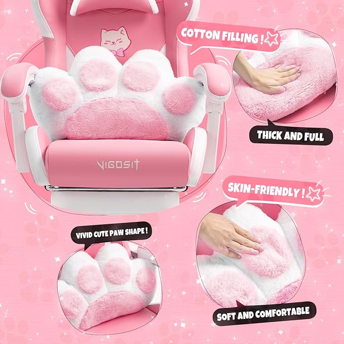 Gaming Chair Cute with Cat Ears Paw Lumbar and CushionErgonomic Computer Chair with FootrestReclining PC Game Chair for Girl Computer Chair 300lbs for Adult (White&ampPink)