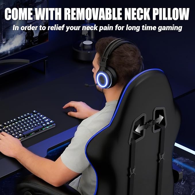 Gaming Chair with Footrest Racing Style Lumbar Support Massager Video Game Chair with Metal Legs High Back Reclining Gamer Chair with Headrest 360° Swivel Office Computer Desk Chair (Blue)