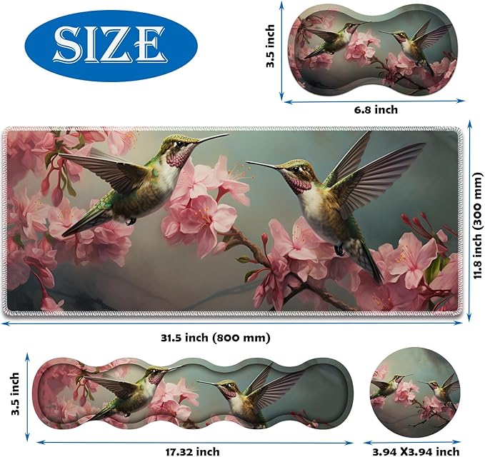 4 in 1 Mouse Pad Combo Large Gaming Mouse Pad + Keyboard Wrist Support + Mouse Wrist Rest + Coaster Table Pad 31.5 x 11.8 with Memory Foam Ergonomic Wrist Pad Set Hummingbird Flowers