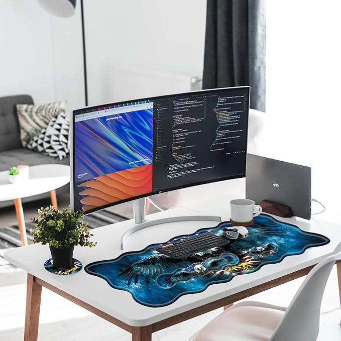 Large Gaming Mouse Pad Keyboard Wrist Rest Pad &amp Wrist Support Mousepad Set Stitched Edge Extended Non-Slip Base Memory Foam Desk Mat for Office HomeAmerican Flag Bald Eagle