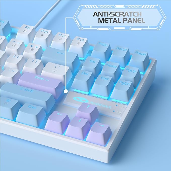 MageGee 75% Mechanical Gaming Keyboard Red Switch LED Blue Backlit 87 Keys Compact TKL Wired Keyboards for Windows Laptop PC Gamer - White/Blue