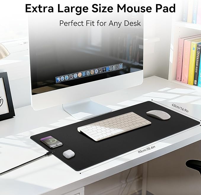 Wireless Charging Mouse Pad 15W Fast Charge Magnetic Charger Desk Pad Large Office Desk Mat (35.4x16.9) with Ultra-Smooth Surface Black Computer Mousepad for MacBook PC Laptop