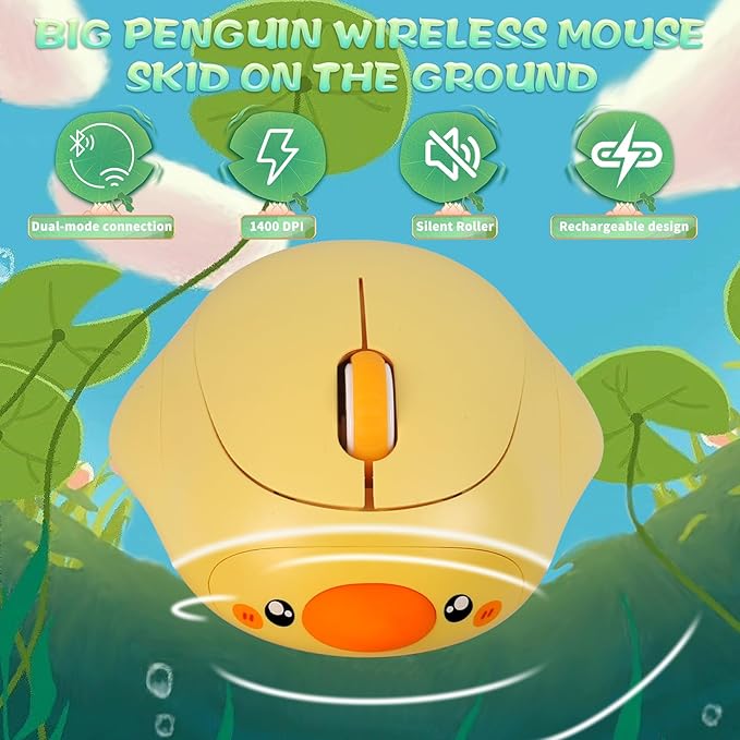 Cute Duck Bluetooth Wireless Mouse -RechargeableDual Mode Connection Silent Scroll Wheel 1600 DPI - Perfect for Laptops PCs and Tablets (Yellow)