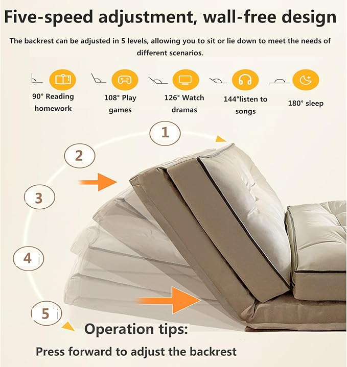 5-Position Adjustable Floor Sofa Chair with Back Support Adult Padded Floor Seats for Gaming Meditation Indoor Chaise Lounge Chair for Living Room Bedroom Beige-110CM/43INCH