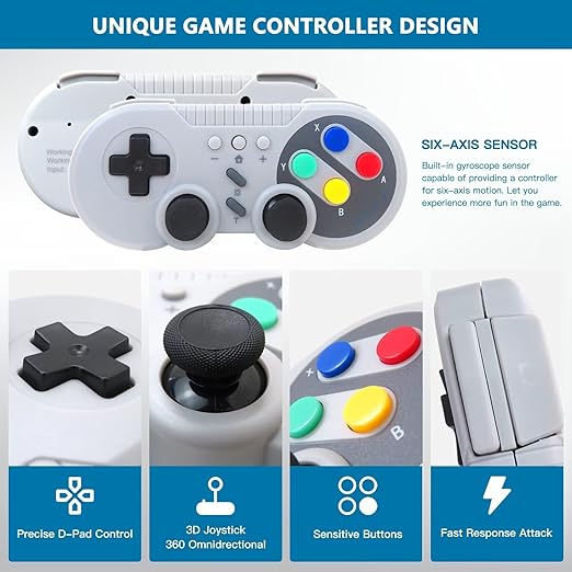 Homesweet Classic Design Wireless Gamepad for Switch Console and for Windows Retro Inspired with Motion Controls Vibration Feedback Turbo Wakeup - Gray