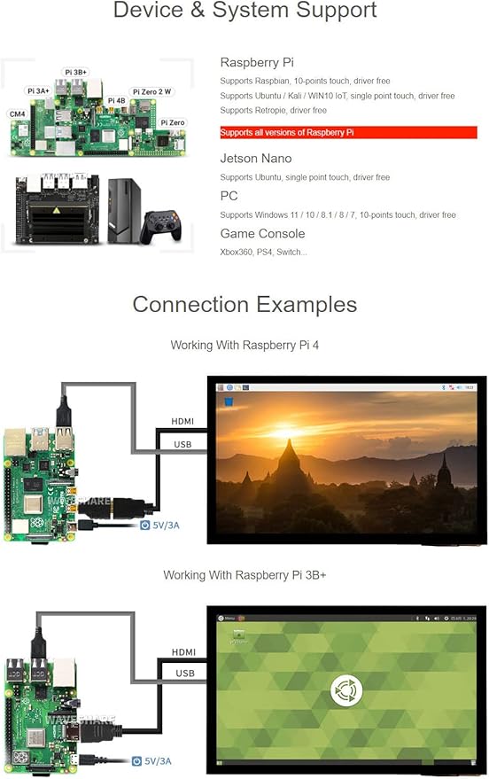 waveshare 10.1inch Capacitive Touch Screen LCD (E) 1024×600 HDMI IPS Optical Bonding Display Compatible with Raspberry Pi 5/4B/3B+/3A+/3B/2B/1B+/1A+/Zero 2 W/Zero W Jetson Nano and PC Game Console