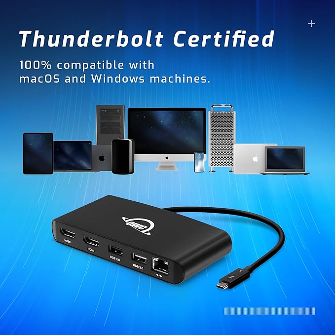 OWC Thunderbolt mini Dock Bus-Powered 5-Port Multi-Adapter with Dual 4K HDMI Dual USB Gigabit Ethernet Integrated 7.2-inch TB Cable for TB (USB-C) Equipped Mac and PC