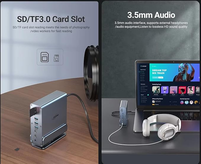 Vertical Laptop Docking Station 3 Monitors 15-in-1 USB C Dock Station Hub Triple Display with 2X 4K HDMI &amp 1x DP 10Gbps USB-C and USB-A 3.2 Data 100W PD Charging+Ethernet+SD/TF+Audio