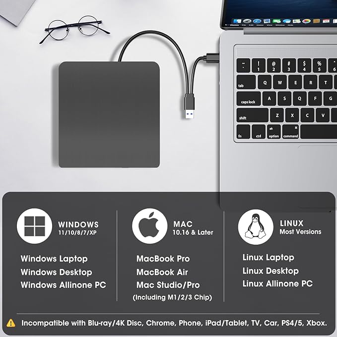 ROOFULL External CD DVD +/-RW Drive for Laptop Mac USB 3.0 &amp USB-C CD DVD Disc Reader Writer Burner CD-ROM Portable DVD Player with Carrying Case for Windows 11/10 PC MacBook Pro Linux Computer