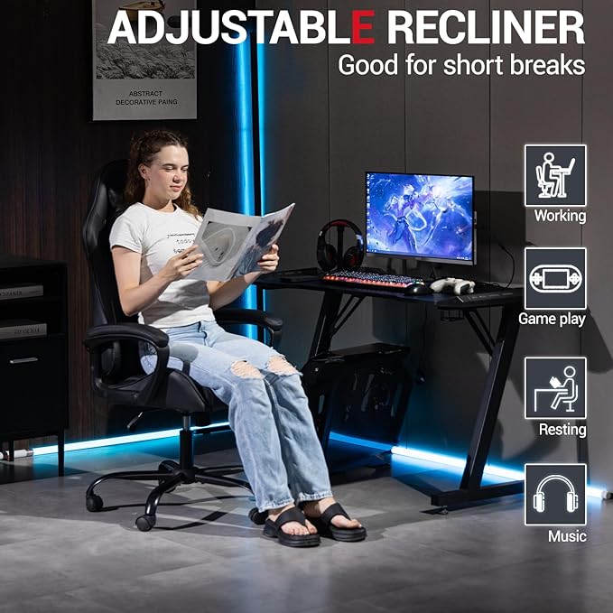 Ergonomic Massage Gaming Chair — High-Back Reclining Office Chair with Lumbar Support for Adults Height Adjustable PU Leather Black