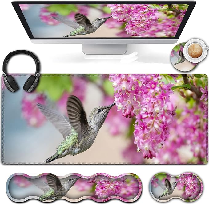 Extended Gaming Mouse Pad 31.5x11.8 Big Desk Mat Ergonomic Memory Foam Keyboard Wrist Rest Support for Home Laptop Working Office Desk Pad with Non-Slip BaseHummingbird &amp Flowers Large Mouse Pa