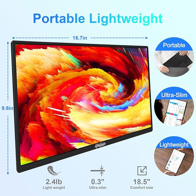 18.5inch Portable Monitor Laptop Monitors 120Hz Travel Gaming Monitor 400Nits HDR FHD Plug&ampPlay Dual Speakers External Screen for PC TabletMacSw-Itch Xbox PS3/4/5 Will