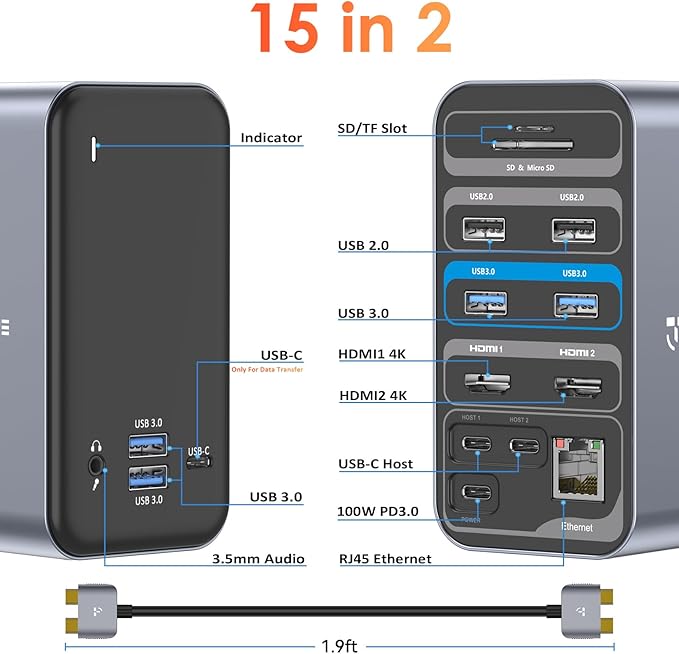 USB C Docking Station Dual Monitor for MacBook Pro 15 in 2 USB C Laptop Docking Station Dual Monitor HDMI for MacBook Pro/Air with 2 4K HDMI Display 6 USB AUSB C SD&ampMicro SDLAN 87W PD 3.0
