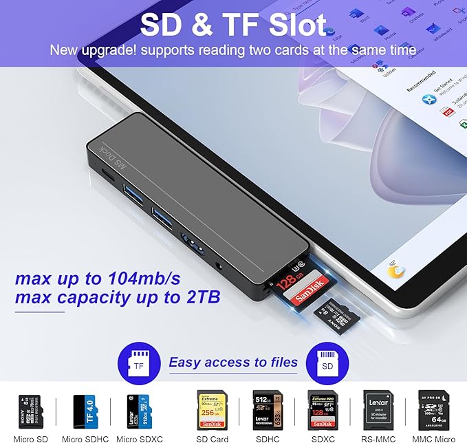 Surface Pro 8/9/X/10/11 Docking Station - Surface Pro 11 USB C Adapter Multiport Hub with 4K HDMI Thunderbolt 4 USB 3.0 SD/TF Reader 3.5mm Audio Surface Pro Copilot Accessories