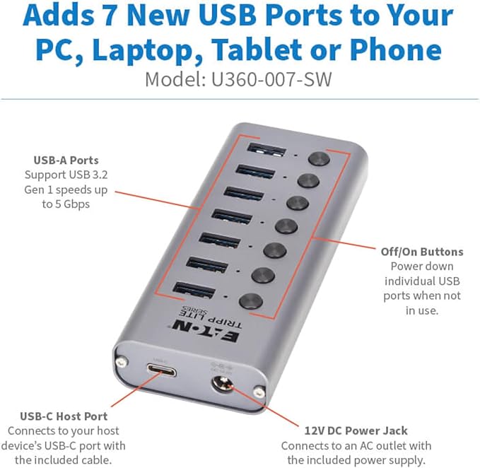Eaton Tripp Lite Series USB C Hub 3.2 Gen 1 with 7 USB-A Ports and Individual On/Off Switch 5 Gbps Data Transfer Plug-and-Play USBC Laptop Docking Station 3-Year Warranty (U360-007-SW)