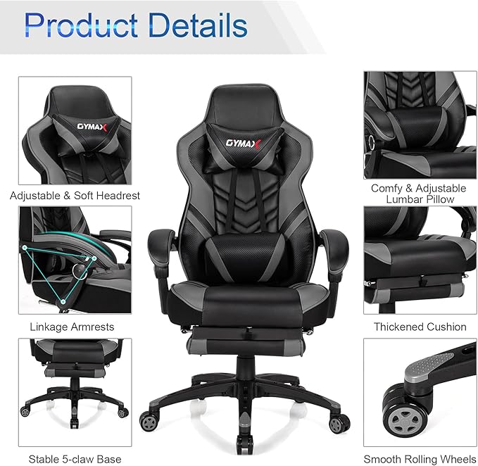 GYMAX Gaming Chair Ergonomic Computer Chair with Footrest Linkage Armrests &amp Lumbar Cushion Big Wide High Back Video Gaming Chair Reclining Office Rolling Chair for Adult/Teens (Gray)