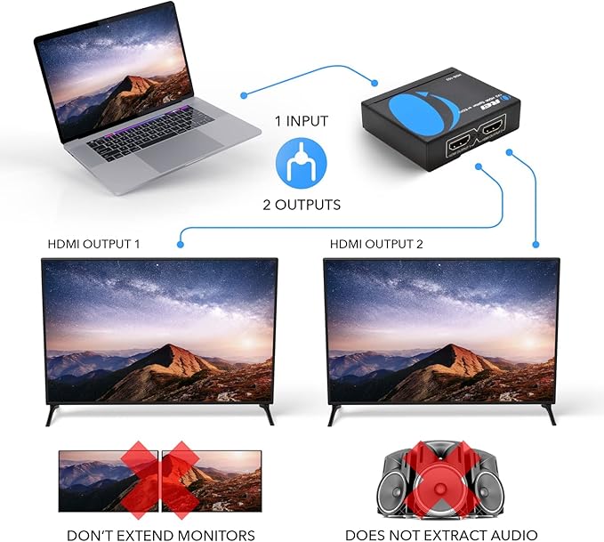 OREI 4K 1 in 2 Out HDMI Splitter Duplicate/Mirror Only UltraHD 4K @ 30 Hz 1x2 Will NOT Bypass HDCP HDMI Supports 3D Full HD 1080P for Xbox PS4 PS3 Fire Stick Blu Ray Apple TV HDTV - Adapter Included