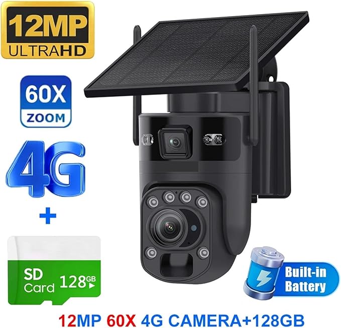 4K 60X Optical Zoom 4G Solar Camera Dual Screen Outdoor WiFi PTZ PIR Detection Human Auto Tracking CCTV Cameras(Black 60X 4G 128GB)