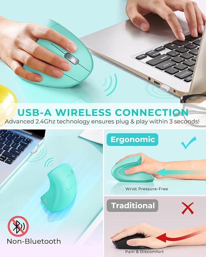 Lekvey Ergonomic Mouse Vertical Wireless Mouse Rechargeable 2.4 GHz Optical Carpal Tunnel Mouse : 800/1200 / 1600 DPI 6 Buttons for Laptop PC Mac Computer Desktop Notebook etc Green