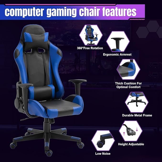 DIKEP Gaming Chair PC Computer Chair with Footrest and Lumbar Support PU Leather Headrest and Height Adjustable Ergonomic Reclining Chair w/ 360° Swivel Seat for Office and Home - Black &amp Blue