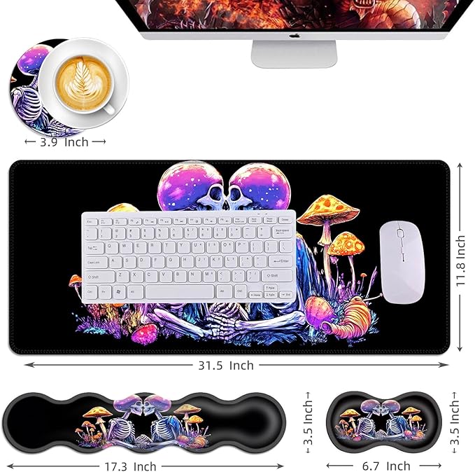 Mouse PadLarge Desk Mat Set 4in1 XL Mousepad + Keyboard Wrist Rest+Mouse Wrist Rest+Coaster with Ergonomic Desk Pad for Home Office Table Computer Cover -Fantasy Skeleton Mushroom