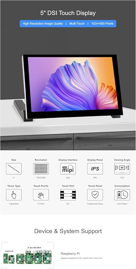 5 Inch DSI Touch Display for Raspberry Pi 5 IPS Panel 1024x600 Resolution Multi-Touch Adjustable Brightness