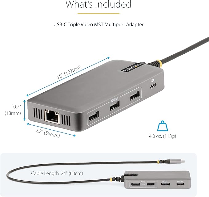 StarTech.com USB-C Docking Station for Windows and ChromeOS Triple 4K HDMI DP Video USB 10Gbps Hub 100W Laptop Charging GbE