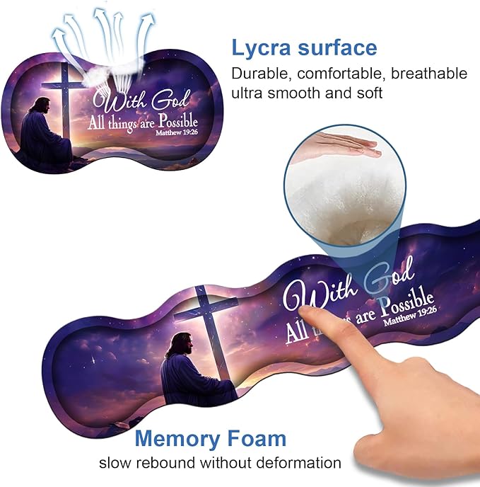 Ergonomic Memory Foam Mouse Pad Wrist Rest SetLarge Gaming Desk Pad + Keyboard Wrist Rest + Mouse Wrist Cushion + Coaster for Home Office Study GamingChristian Cross Quote Bible Verse Matthew 19:26