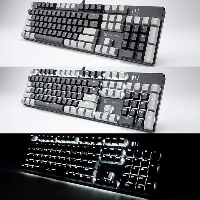 LED Backlit Full Size Wired Mechanical Gaming Keyboard | Black Switch 104 Keys US Layout Hot Swappable Full Size Mechanical Keyboard | White LED Backlit PC Gaming Keyboards (Black &amp Grey Color)