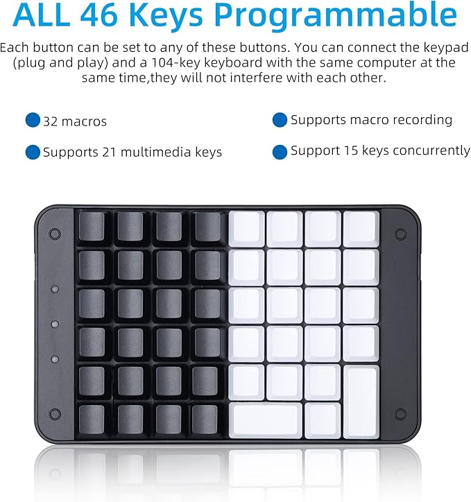 Koolertron One Handed Mechanical Gaming Keyboard with 32 Macro Keys 46-Key Fully Programmable Mini Keypad Mini USB Macro Keyboard for PC Gamers