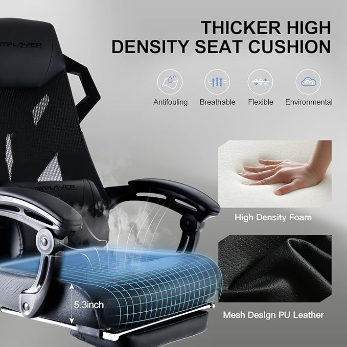 GTPLAYER Gaming Chair Computer Chair with Mesh Back Ergonomic Gaming Chair with Footrest Reclining Gamer Chair with Adjustable Headrest and Lumbar Support for Gaming and Office (Black)