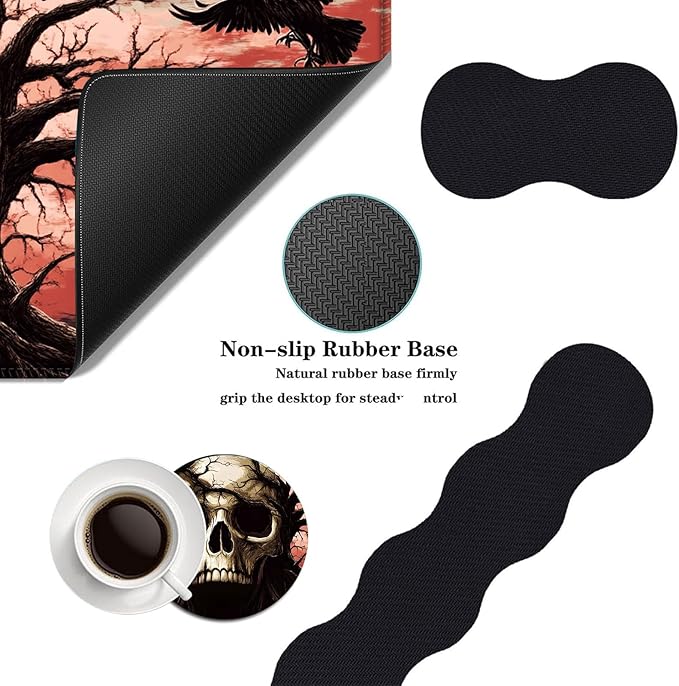 Mouse PadLarge Desk Mat Set 4in1 XL Mousepad + Keyboard Wrist Rest+Mouse Wrist Rest+Coaster with Ergonomic Desk Pad for Home Office Table Computer Cover -Skull Tree with Crows