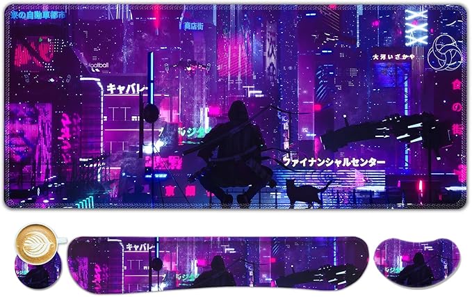 Anime Neon Large Mouse Pad and Keyboard Wrist RestPurple Extended Mouse Pad with Wrist Support Ergonomic Non-Slip Desk Mat Desk Protector Blotter for Home Office Warrior Cat