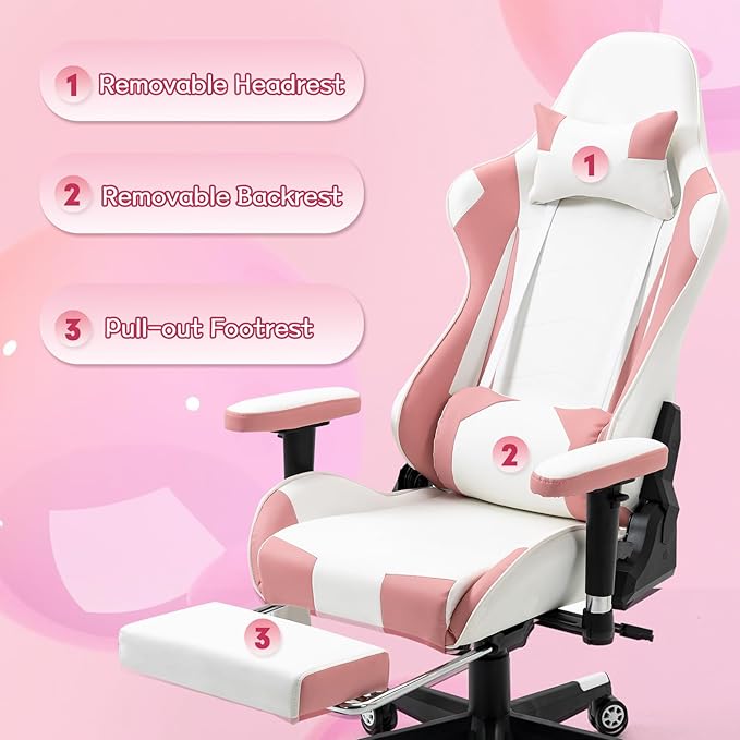 Massage Gaming Chair w/Footrest Video Racing Chair PC High Back Desk Computer Chair PU Leather Recliner w/Headrest and Lumbar Pillow Pink-White