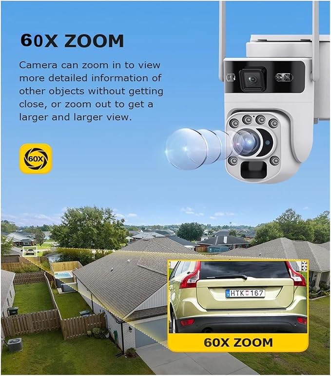 4K 60X Optical Zoom 4G Solar Camera Dual Screen Outdoor WiFi PTZ PIR Detection Human Auto Tracking CCTV Cameras(Black 60X WiFi CAM)