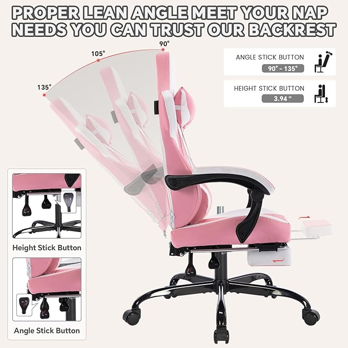 Ergonomic Gaming Chair with Footrest Pink Gaming Chair for Adults Girls Women Video Game Chairs with Wheels &amp Lumbar Support 300 LBS Capacity (Pink)