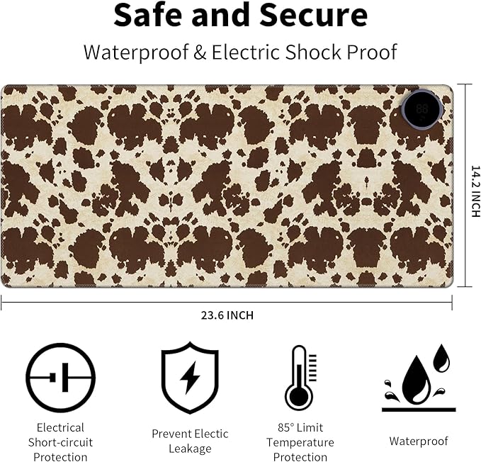 Warm Desk Pad Warm Mouse Pad Gaming Office Desk Matwith 3 Levels Heated &amp 3 Hours Auto Shut - 23.6 x 14.2 inch PU Leather Laptop Keyboard Mat for Home Office Hand WarmerBrown Cow Print Pattern