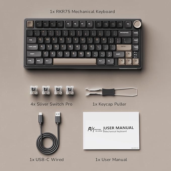 RK ROYAL KLUDGE R75 Wired Gaming Keyboard with Volume Knob 75% Mechanical Gaming Keyboard Custom Gasket Mount with MDA Profile PBT Keycaps QMK/VIA Hot Swappable Silver Switch Black