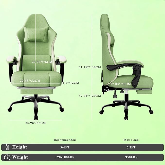 Gaming Chair High Back Fabric Computer Chair with Pocketed Spring Cushion and Footrest Height Adjustable Game Chair with Headrest and Lumbar Support (Beige &amp Green)