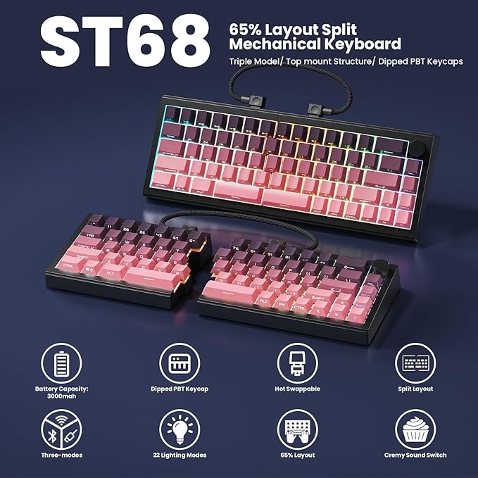 ZORNHER ST68 Wireless Ergonomic Split Mechanical Keyboard65% Pink &amp Purple Custom Creamy TKL Keyboard with KnobLighted Up PBT KeycapsPre-lubed Clicky SwitchesHot-SwappableRGB Backlit