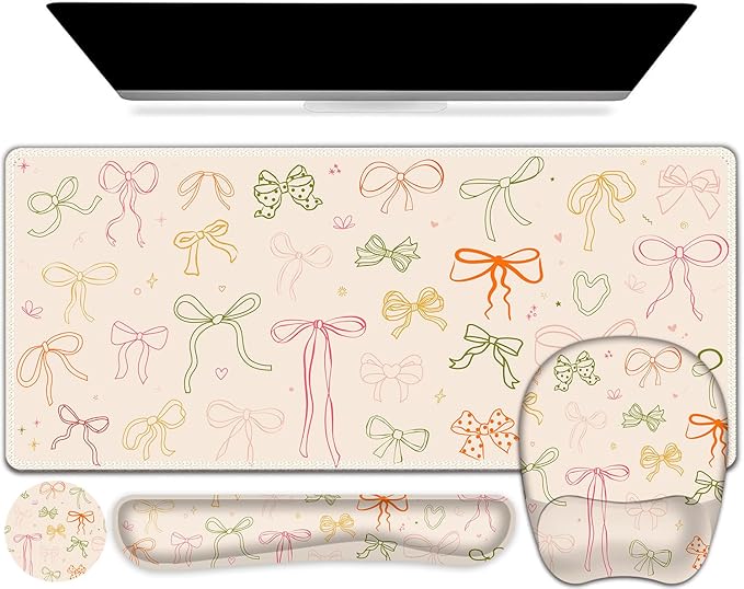 Apricot Mouse Pad with Wrist Support 4 in1 Set XXL Big Game Mousepad + Keyboard Wrist Rest + Mouse Wrist Rest Pad +Coaster Gaming Mat for Home Office Work Computer I Colorful Cute Girl's Bow