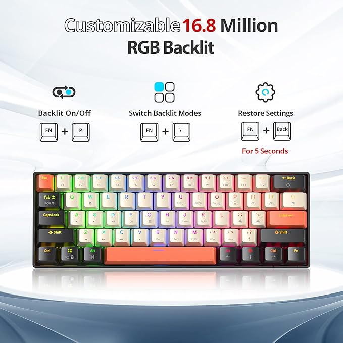 Fogruaden RGB Wired 60% Percent Keyboard Mechanical 61 Keys Gaming Keyboard 60 Percent with Red Switch Small Compact Mechanical Keyboard for Win/Mac Laptop PC Gamer (Carbon/61)