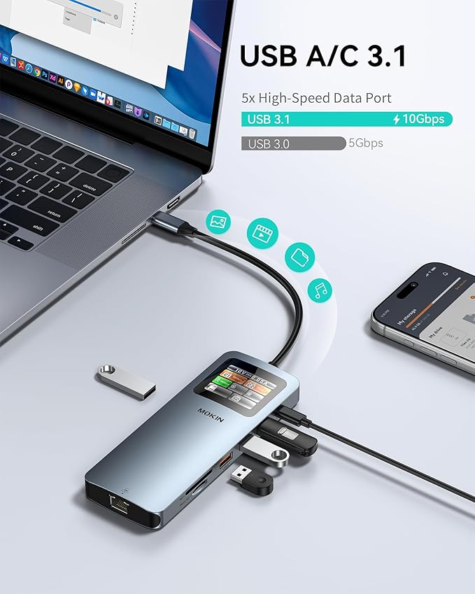 MOKiN LCD USB C Docking Station Dual Monitor 12 in 1 Laptop Docking Station Dual HDMI with 8K@30Hz PD 100W 2500Mbps 5 * 10Gbps USBA/C 3.1 SD/microSD Card Reader USB C Adapter for HP/Dell/Lenovo