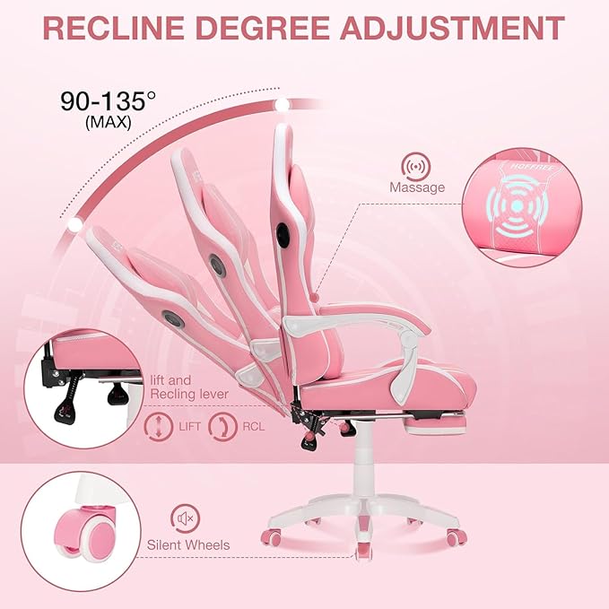 HOFFREE Gaming Chair Massage with Bluetooth Speakers Ergonomic Computer Gaming Chair with LED RGB Lights Footrest High Back Music Video Game Chair with Lumbar Support White and Pink